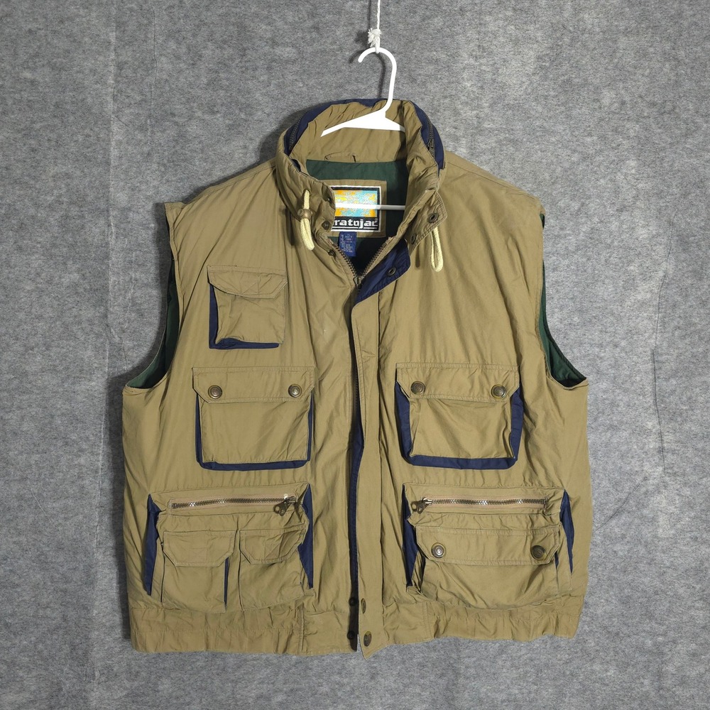 Stratojac Utility Vest Mens XL Tan Navy Blue Down Fill Cargo Pockets Gorpcore